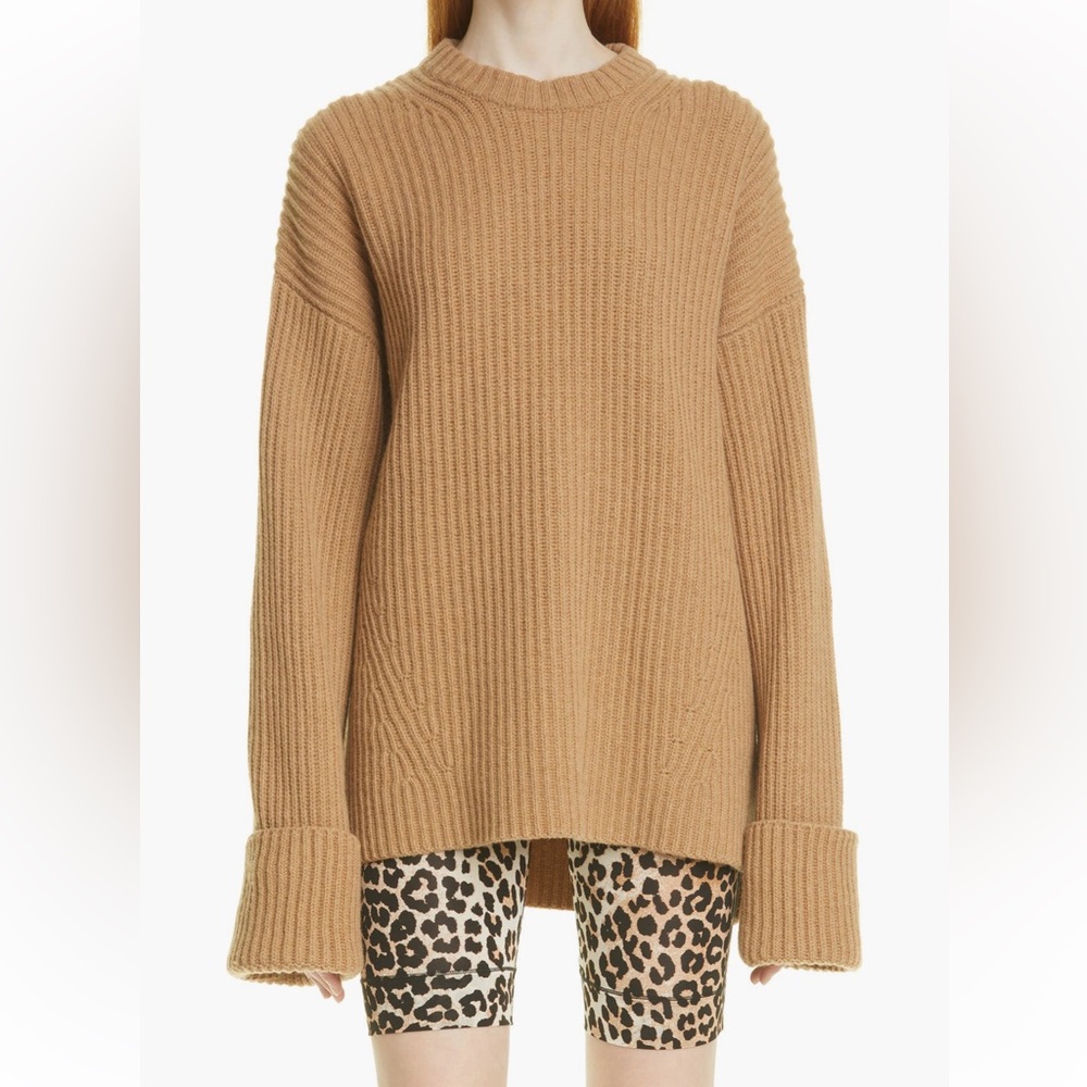 Ganni Ribbed Wool Blend Crewneck Sweater in Camel, size small